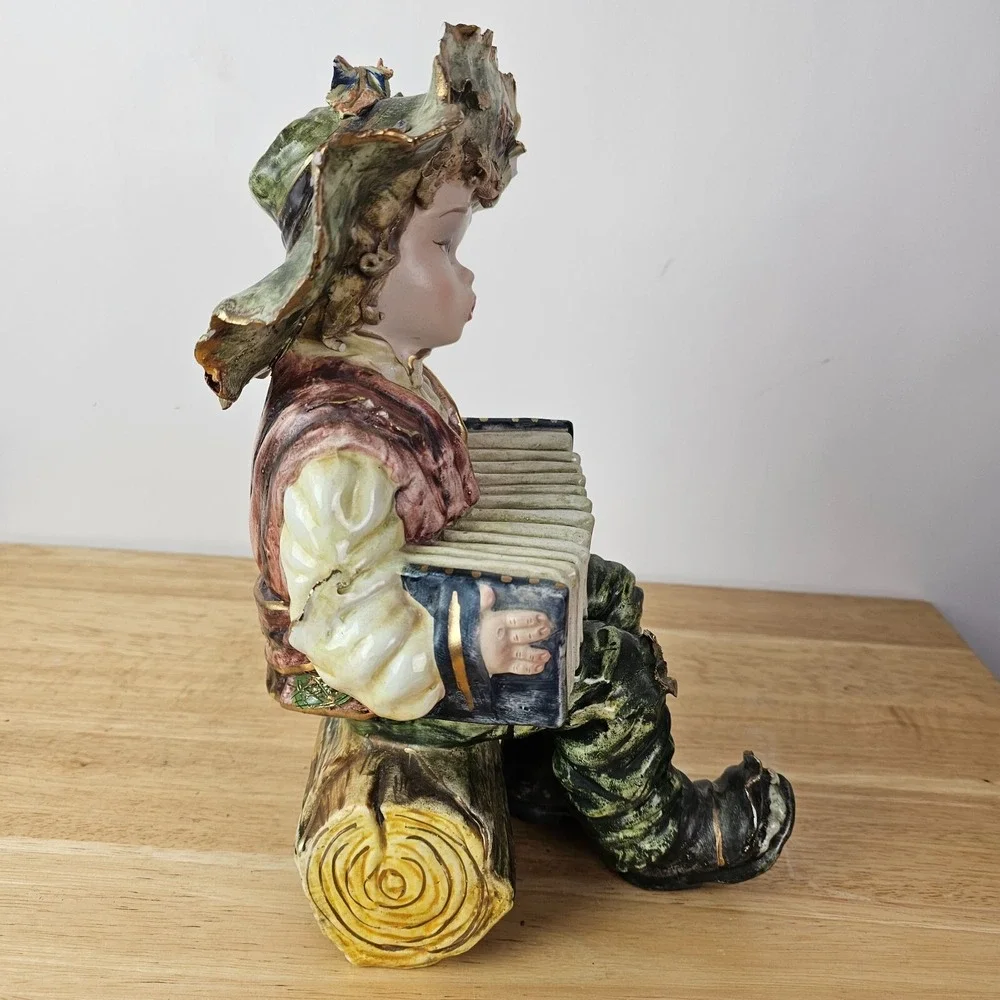 Vintage Italy Boy With Accordion Figurine Hand Painted Capodimonte‎ Style Green